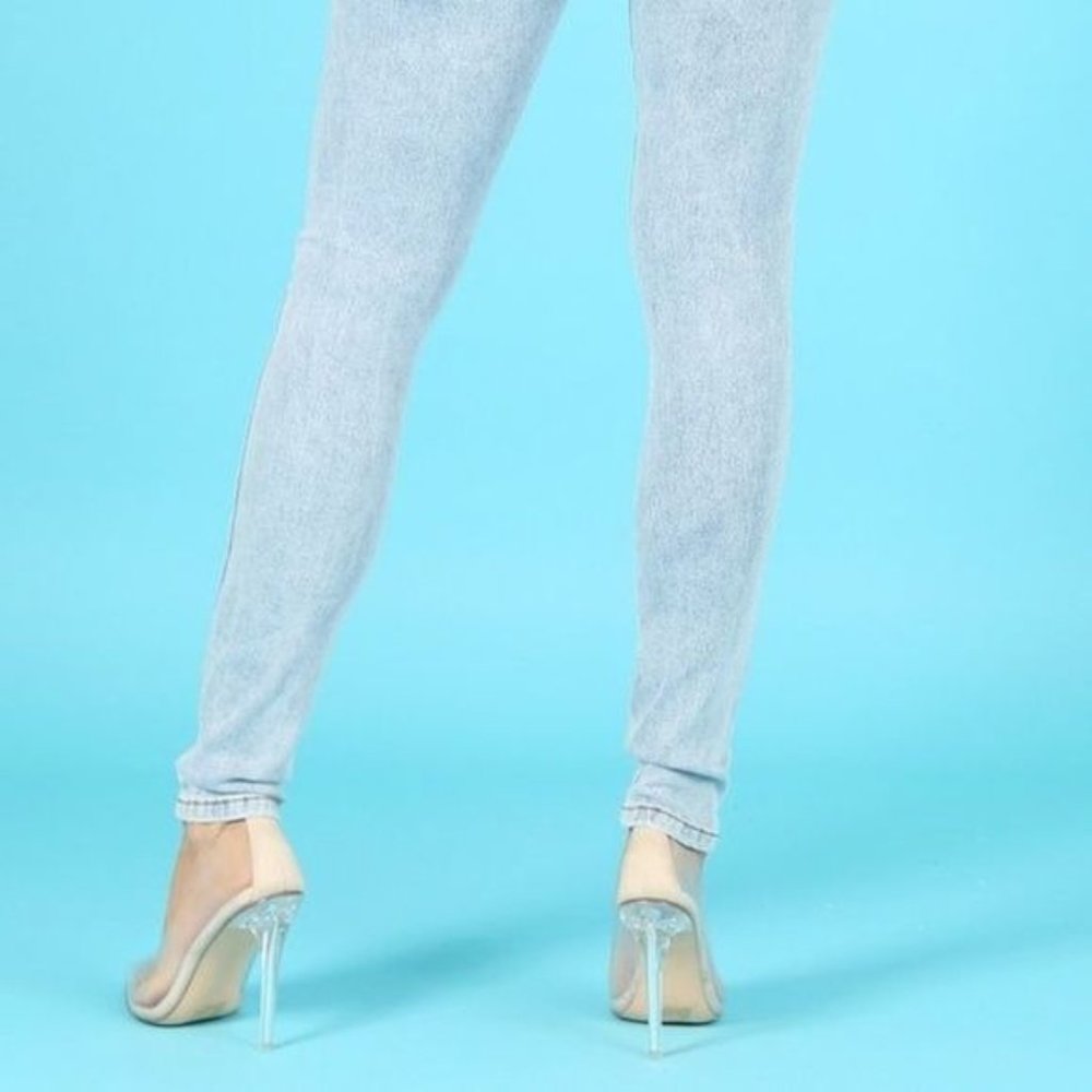 Callie Buckled: Silver Accented Acid Wash Blue Stretch Denim Skinny Jeans - Picture 8 of 9